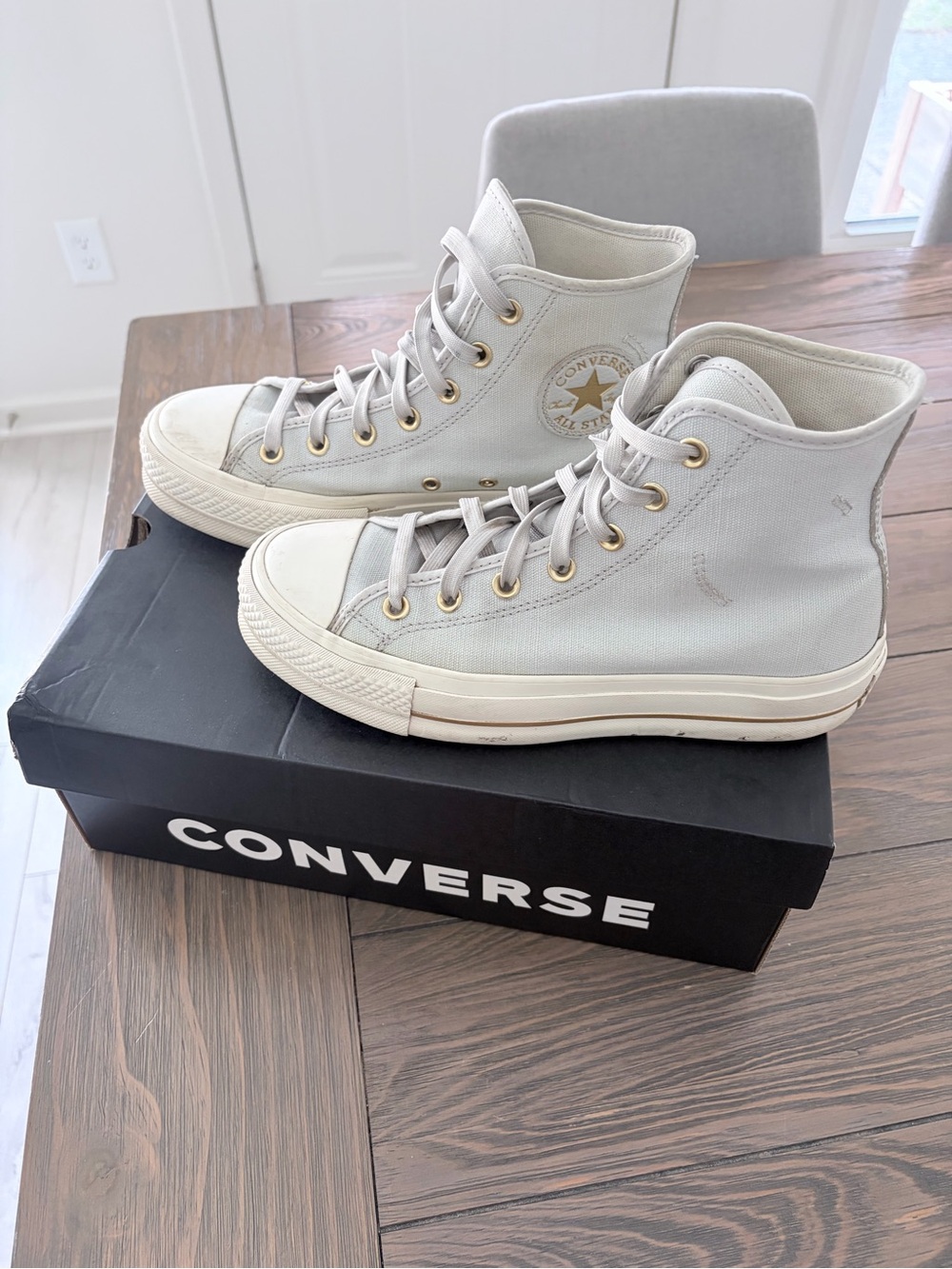 Converse Platform High Top Sneakers in Light Blue Canvas with Gold Eyelets